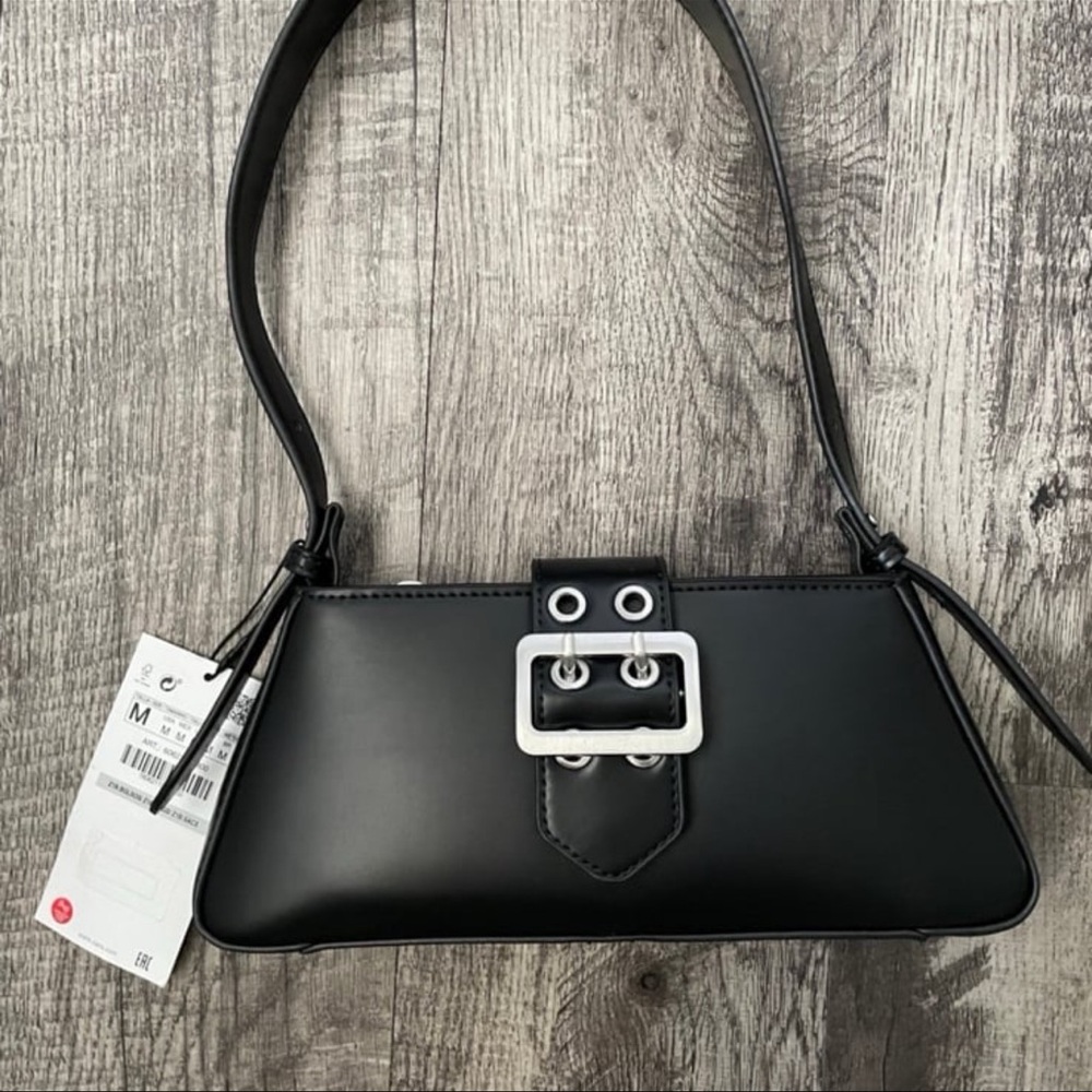 Zara Black Baguette Shoulder Bag w/ Silver Buckle Detail
